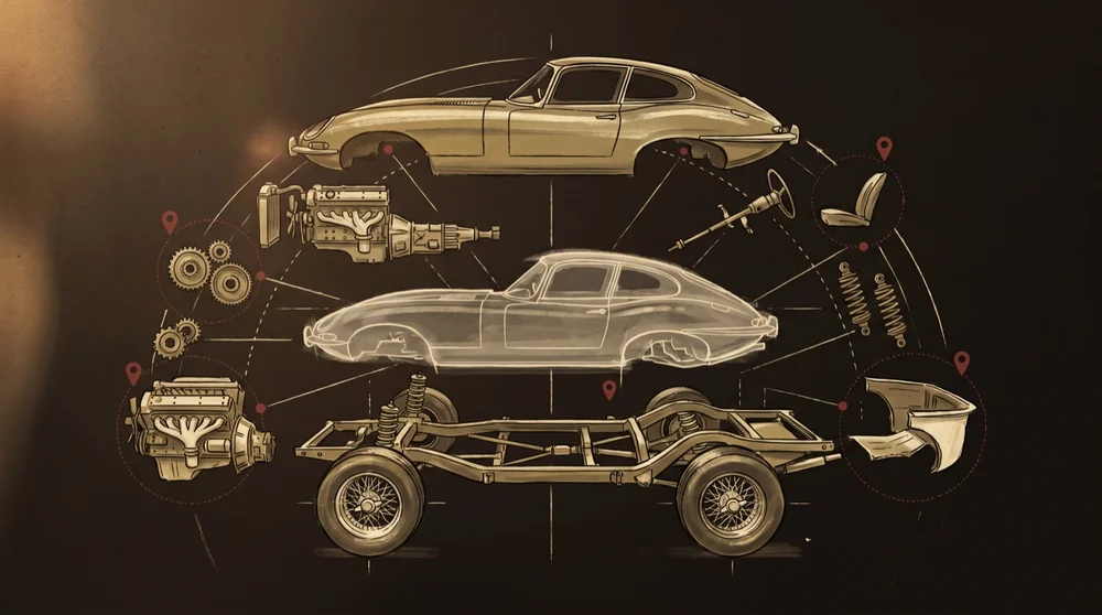 An exploded blueprint teardown of a sports car — the 40-point business assessment